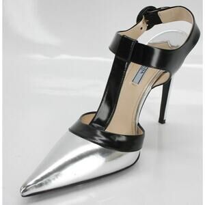 Prada Ankle T Strap Silver Pointed Toe Pumps SZ 39.5 Ankle Heels